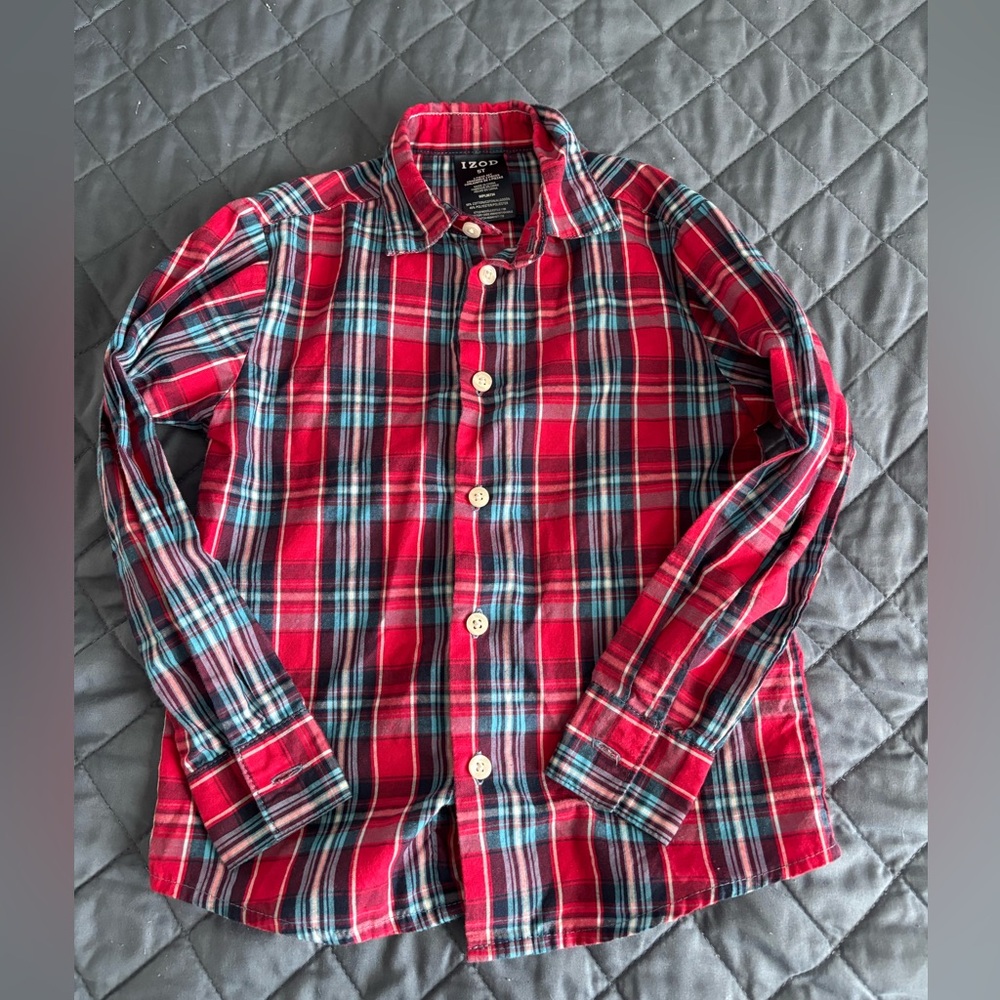 Izod Little Boys Button Down Red & Blue Plaid Dress Shirt